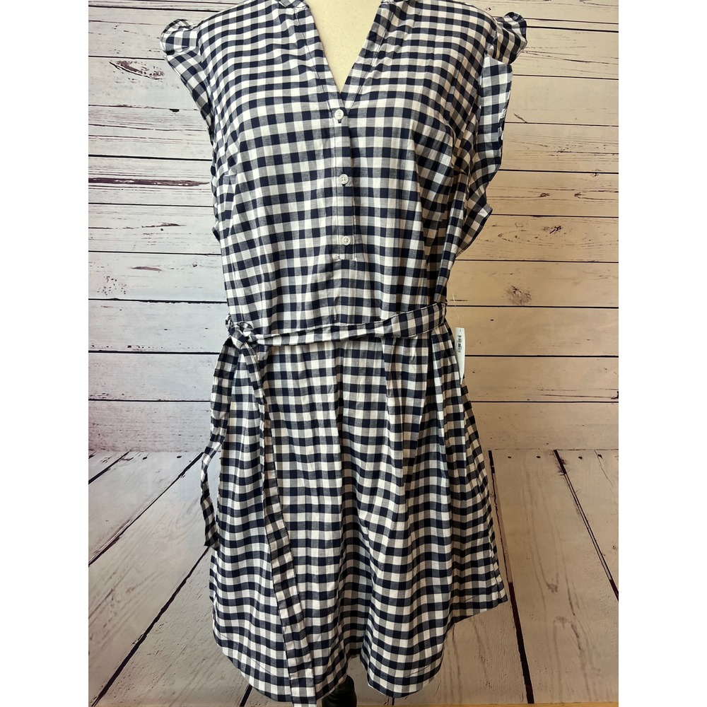 Old Navy Gingham Shirt‎ Dress NWT Large Navy Blue Ruffle Belted Womens Plaid